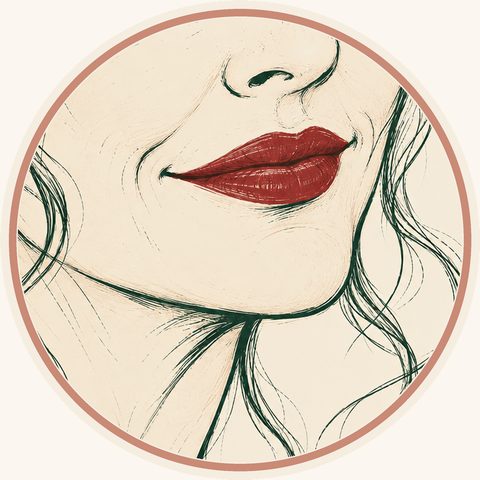 Ruby Pemberton’s logo: a smile in red lipstick, drawn in pen and ink.